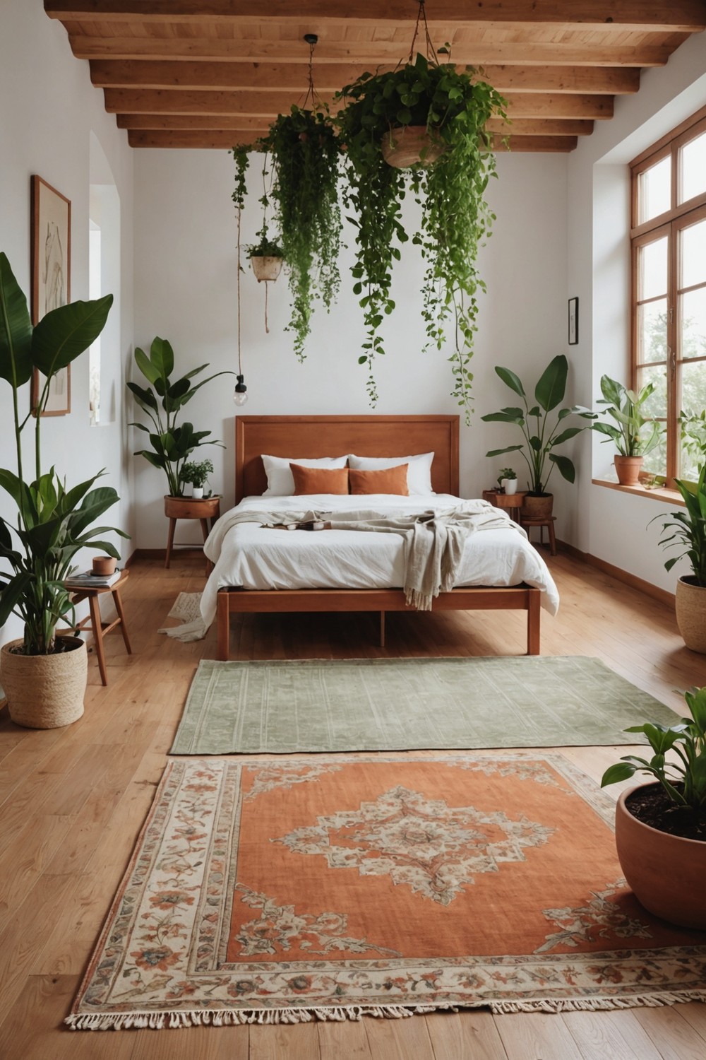 Terracotta-Colored Rug with Lush Green Plants