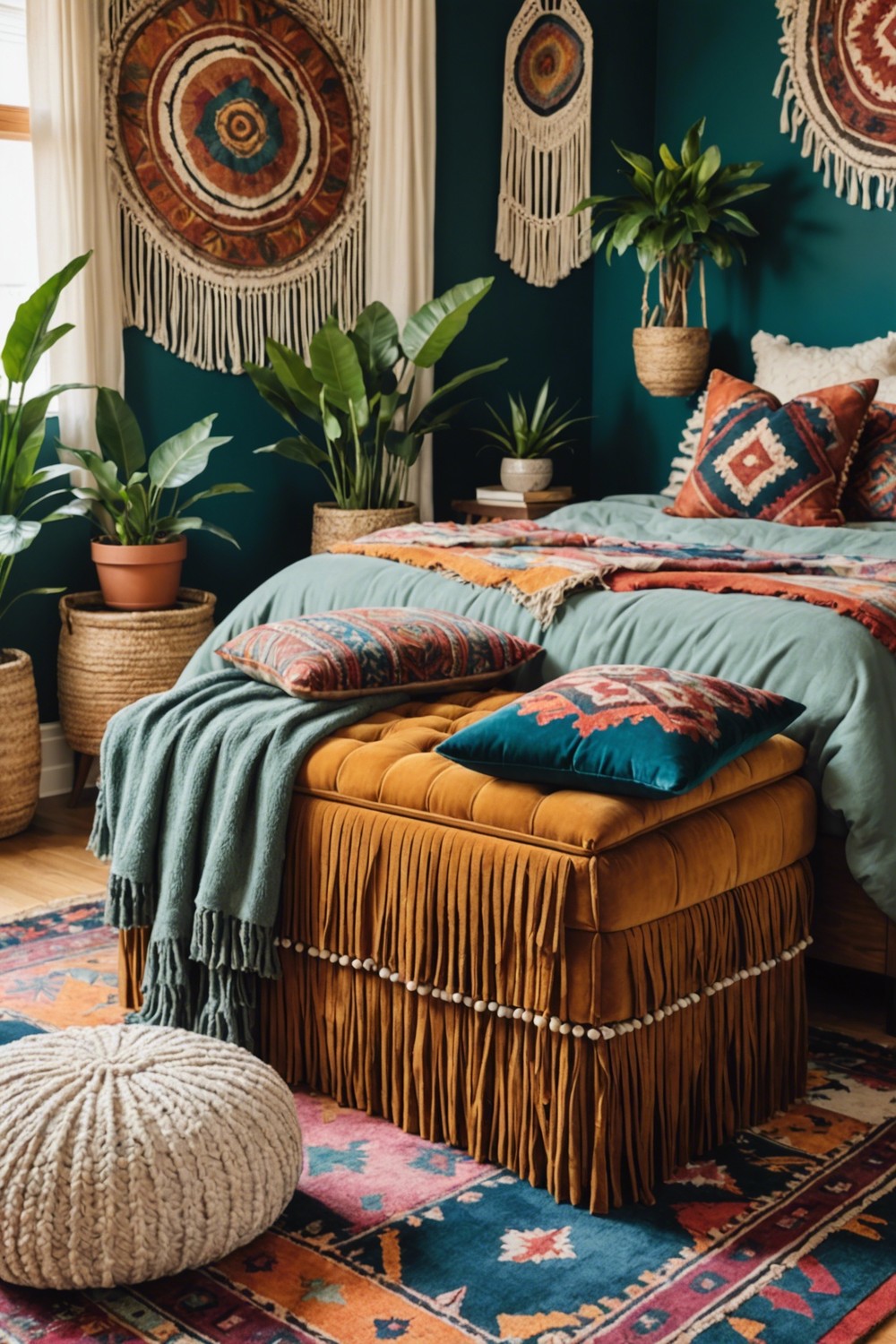 Upholstered Storage Ottomans with Fringe