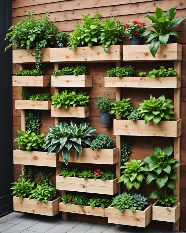 Vertical garden with wooden planter boxes.