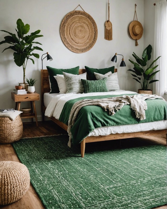 Woven Green Rug and throw pillows