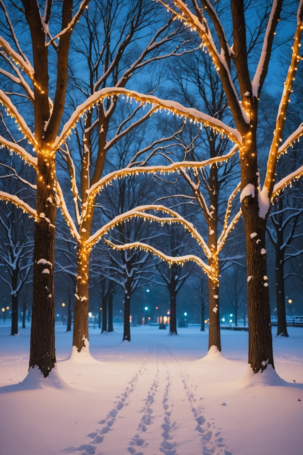 Wrapped Tree Trunks with Multicolored Lights